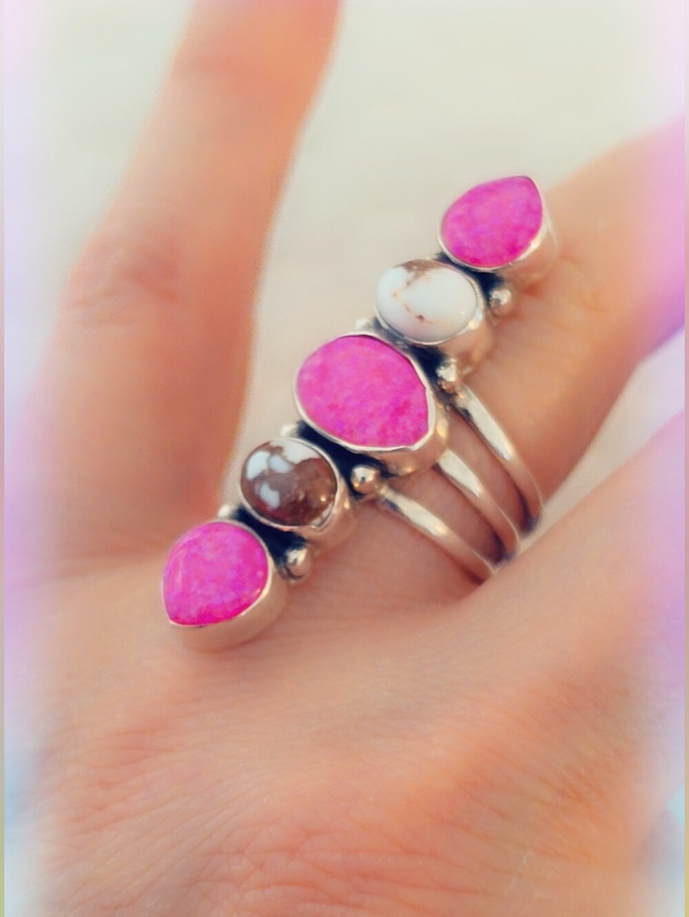 Pink Opal & Wild Horse 925 Sterling Silver Gemstone Ring